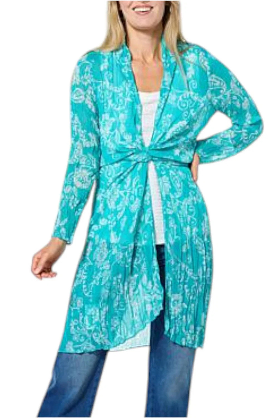 Colleen Lopez Women's Printed Crinkled Tie-Front Duster Turquoise - Plus